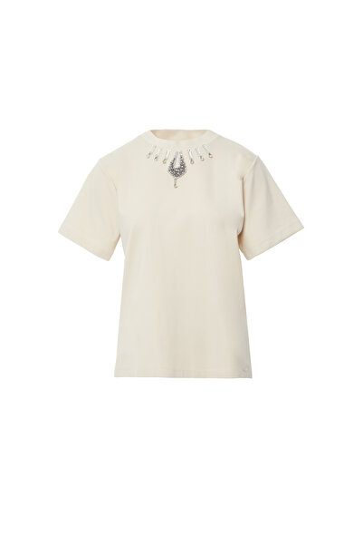 Basic Ivory T-Shirt with Embroidered Collar