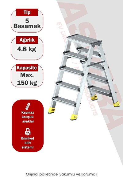 ASVERA Alüminyum 5+5 Çift Çıkışlı A Tipi Merdiven - Hafif ve Paslanmaz Çift T...