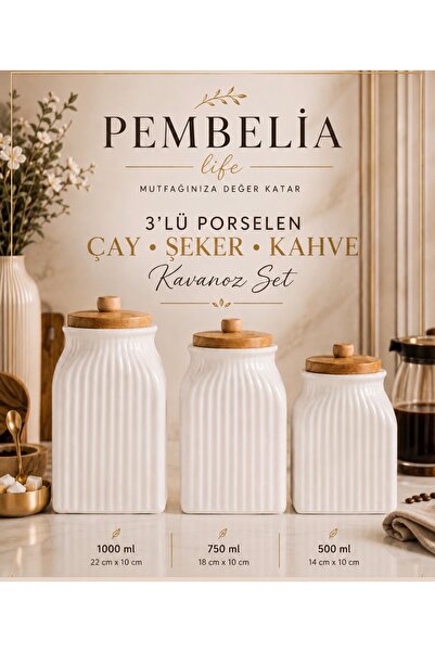 Pembelia Life 3 Boy Porselen Bambu Kapaklı Çay Kahve Şeker Kavanoz Seti Çeyiz...