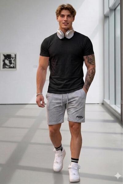 NO 601 Men's Black Oval Slim Fit Tshirt Gray Combed Cotton Hook Print Shorts Set