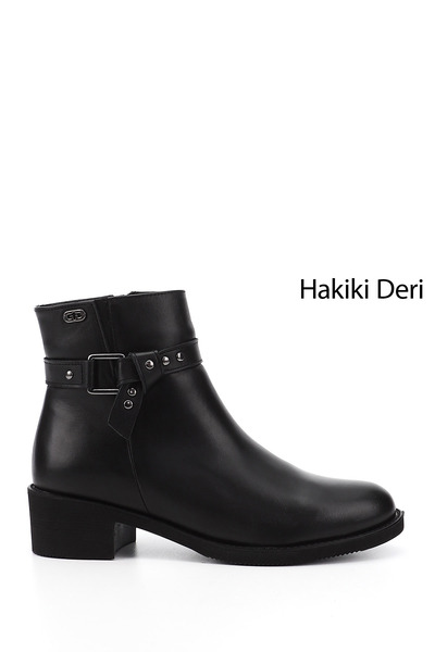 GÖNDERİ(R) Kadın Siyah Fermuarlı Kalın Topuklu Hakiki Deri Bot