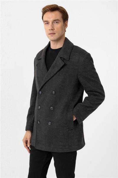 SÜVARİ Süvari Slim Balıksırtı Desenli Gri Kruvaze Erkek Kaban