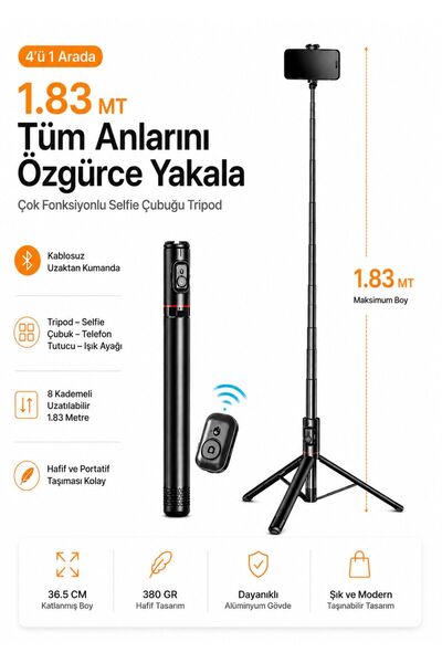 183cm Bluetooth Controlled Foldable Selfie Stick Aluminum Portable  Rugged Tripod