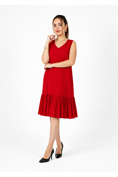 ELSEBUTİKTR Women's V-Neck Sleeveless Skirt with Ruffles Summer Cotton Soft W...