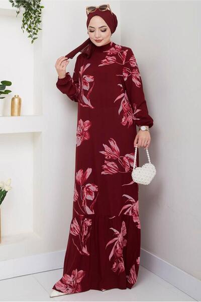 TRENDTESETTÜR KADIN BORDO ÇİÇEK DESENLİ ELBİSE T 3829