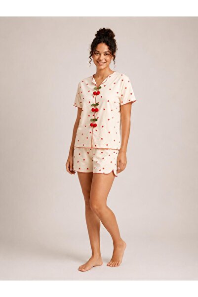 GAMDELLE MODA Women's Cherry Patterned Pajama Set with Pompom Detail