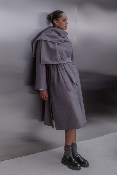 MARKALİSTE Long Cashmere Coat with Scarf Gray