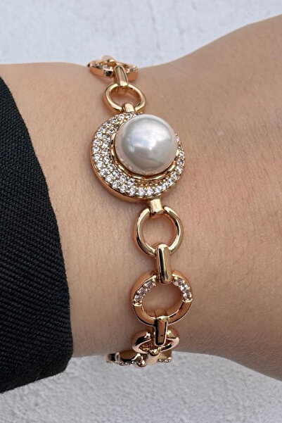 Leo'Stone Xuping Rose Gold Pearl Detailed Zircon Stone Circle Chain Women's S...