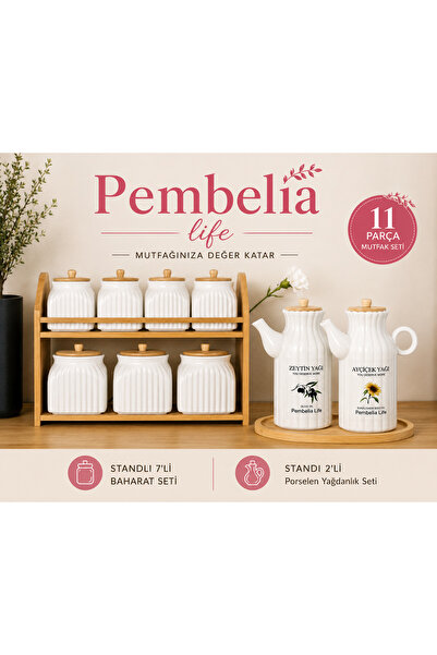 Pembelia Life Bambu Standlı 2’li Porselen Yağdanlık Ve 7’li Standlı Baharatlı...