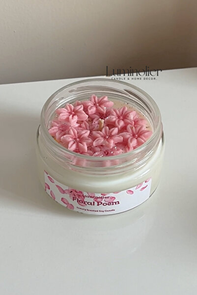 Luminolier Çiçek Süslemeli Kiraz Çiçeği Kokulu Kavanoz Soya Mum - %100 Doğal ...