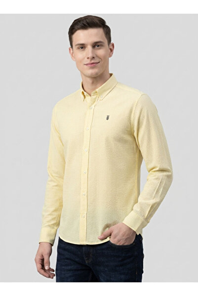 FUSARO Açık Sarı Slim Fit Düğmeli Yaka Erkek Gömlek- Kolay Ütülenebilir Terle...