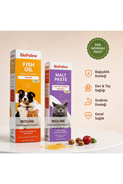 BioFeline Kedi Tüy Sağlığı ve Anti-Hairball Bakım Seti (Fish Oil 200 ml + Mal...