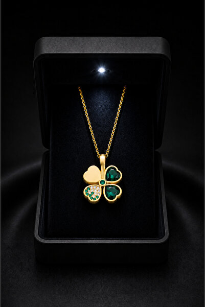 ÇEKİRDEK JEWELRY Işıklı Hediye Kutulu 925 Ayar Gümüş Altın Kaplama Ters Yonca...