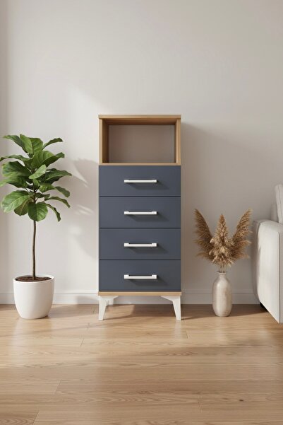 mobihobi Silva Komodin 4 Çekmeceli, 1 Raflı, Çam-Antrasit 44x30x106cm - Büfe ...