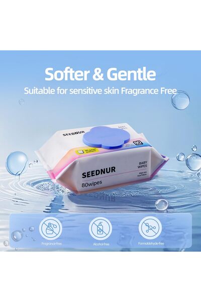 SEEDNUR Baby Water Wipes, Suitable for Sensitive Skin, Fragrance Free (80 Wipes/Bag)