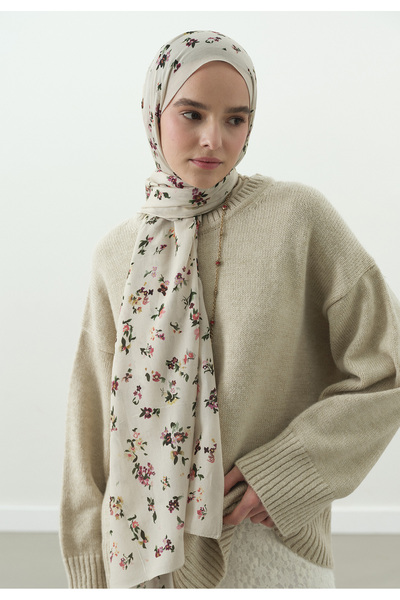 Freshscarfs Tıny Blooms Șal din bumbac și viscoză cu model, bej