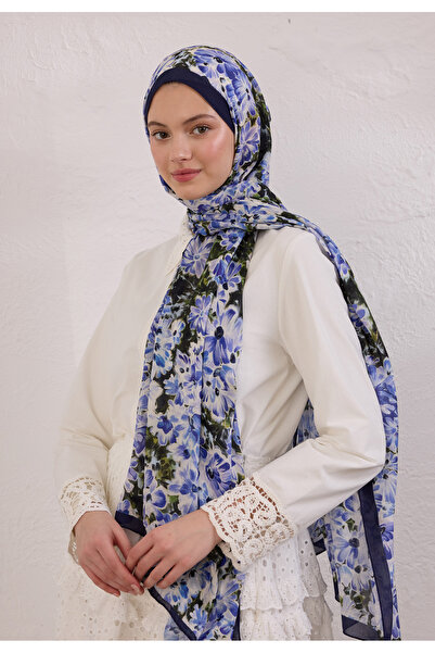Freshscarfs Gece Mavisi Cherry Blossom Desen Rami Şal
