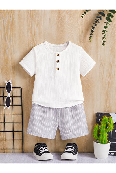Bubito Unisex Baby&Child 100% Cotton Striped Buttoned Muslin Shorts Set-Gray