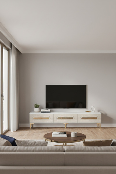cnyr TSA1806BG - RANY TSA180 TV STAND, TV SEHPASI ve TV ÜNİTESİ BEYAZ-GOLD 180CM
