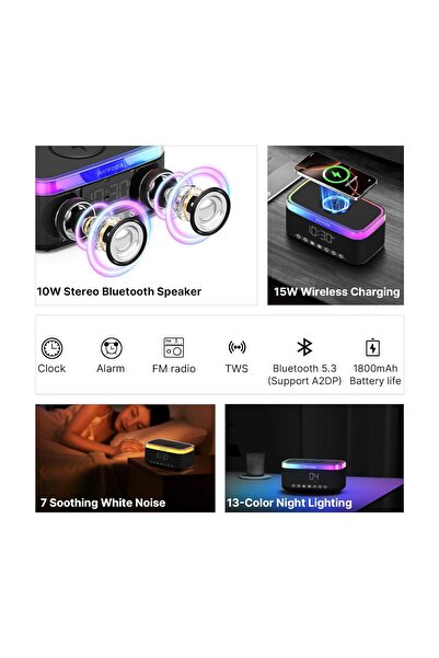 Arabest Bluetooth Alarm Clock Speaker with Wireless Charger, Digital Bedside ...