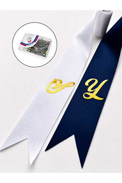 ELYNA Navy Blue and White Letter Printed Bride and Groom Jewelry Ribbon