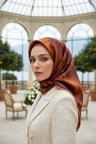 Vissona % 57 İPEK % 43 VİSKON Twill İpek Çiçek Desenli Taba Renkli 90x90 Diki...
