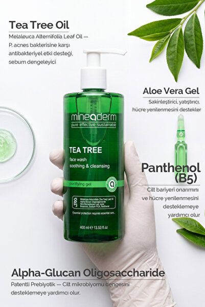 mineaderm Çay Ağacı Yağı Yüz Temizleme Jeli – Prebiyotik Destekli, Akne, Eğilimli Ciltler için 400ml