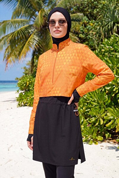 Haşema Esila Geometric Patterned Yellow Orange 5 Piece Full Hijab Swimsuit Se...