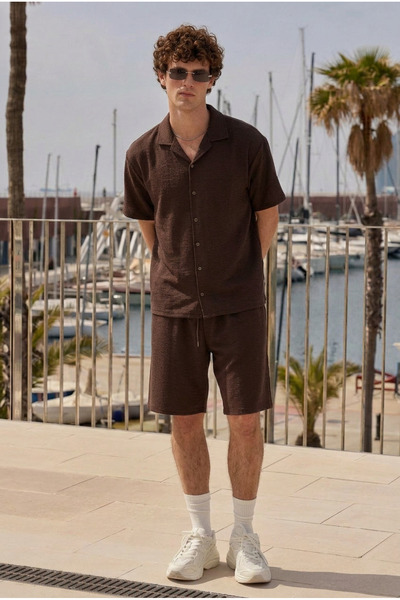 DAMGA JEANS Men's Premium Comfortable Shirt Jogger Linen Shorts Coffee Two-Pi...