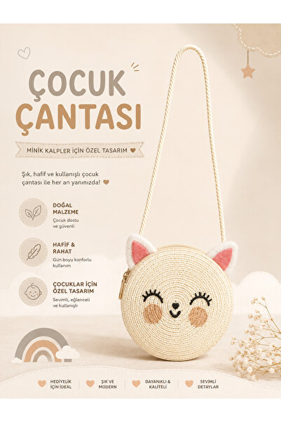 Selvira Girl's Straw Shoulder Bag with Cat Figure – Round Design, Lightweight...