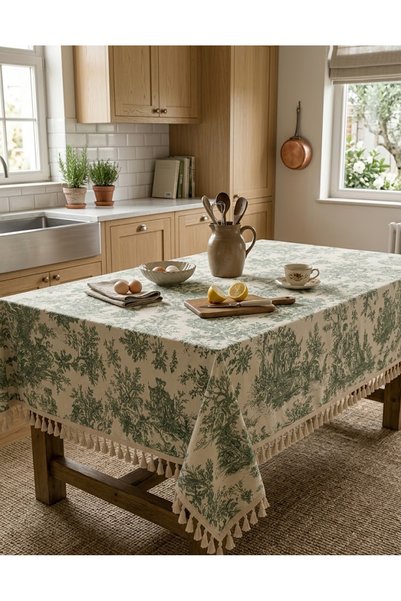 Luxoras Home French Country Patterned Tasseled Duck Fabric Tablecloth