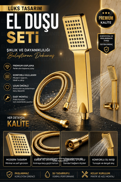 ellante Gold Duş Başlıgı Ve Gold Paslanmaz Kopmaz Patlamaz Kaliteli Duş Hortu...