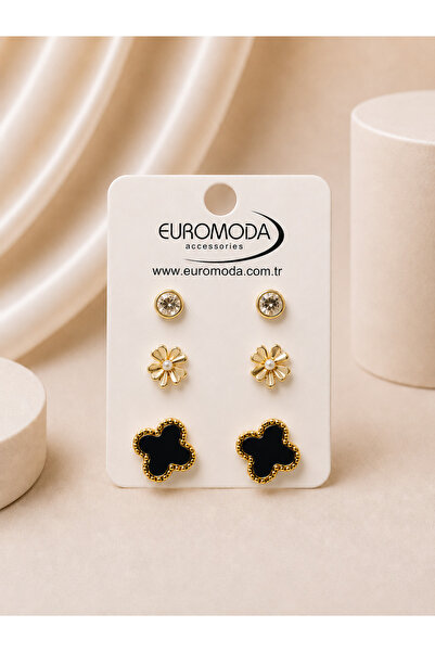 Black Enamel Clover Gold Color 3-Piece Earrings Set