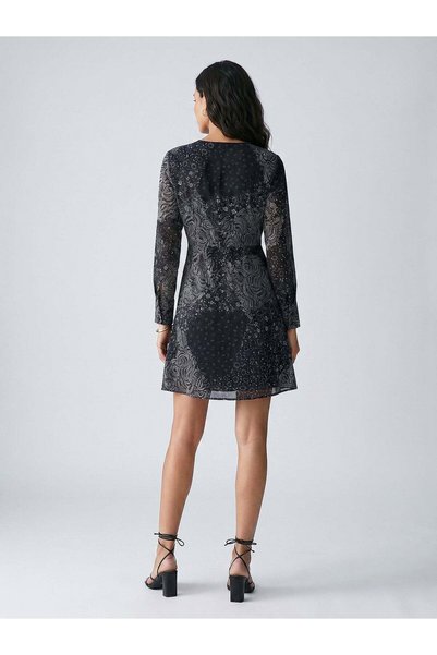 FARREN Women's Black-Grey Patterned V-Neck Buttoned Viscose Mini Dress – Flowy Silhouette, All Seasons