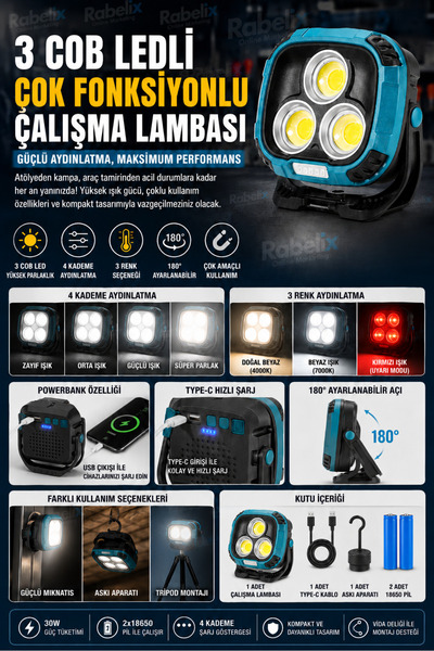 Rabelix Online Marketing 3 COB LED Şarjlı 30 Watt Çalışma Lambası Powerbank Ö...