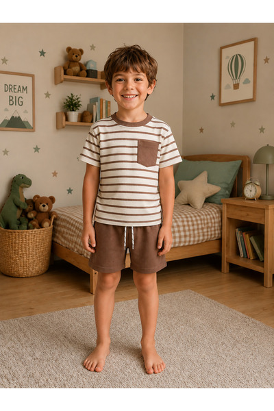 Fil Kids Costum de vară pentru băiat, 100% bumbac, alb maro, cu dungi, cu buz...