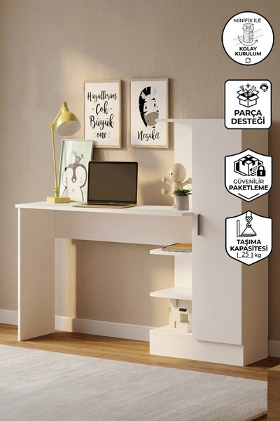 Yurupa Wose Kitaplıklı Çalışma Masası, Raflı Dolaplı Beyaz WOS2-W