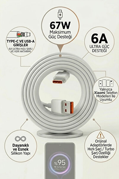 yumax Type-C Şarj Kablosu 6A Hızlı Şarj 67W USB C Data Transfer Android Uyuml...