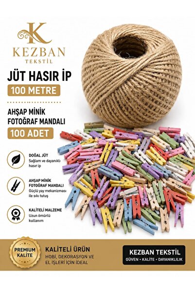 Kezban Tekstil Naturel Jüt Ip 100 Metre Ve 100 Adet Renkli Mini Fotoğraf Mand...