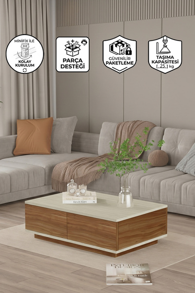 Yurupa Aven Orta Sehpa 2 Kapaklı Traverten-Ceviz AVE14-TCE
