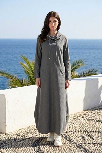 Neways 6034-Denim Kapşonlu Elbise Gri