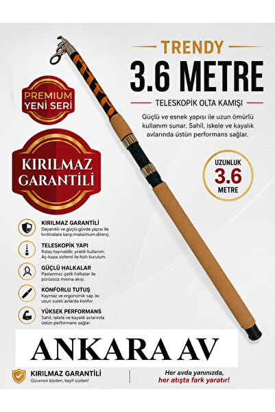tmcn Bauer Trendy 3.60 metre (360 cm) KIRILMAZ GARANTİLİ Çelik Sarım Olta Kam...