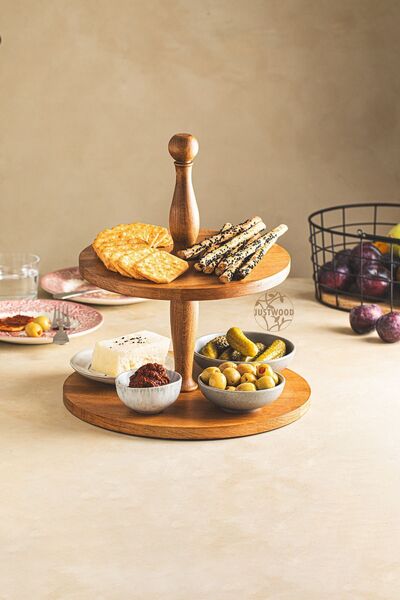 kitchen trend JustWood 2 Katlı Düz Tabaklı Ahşap Kek Pasta Sunumluk Standı, S...