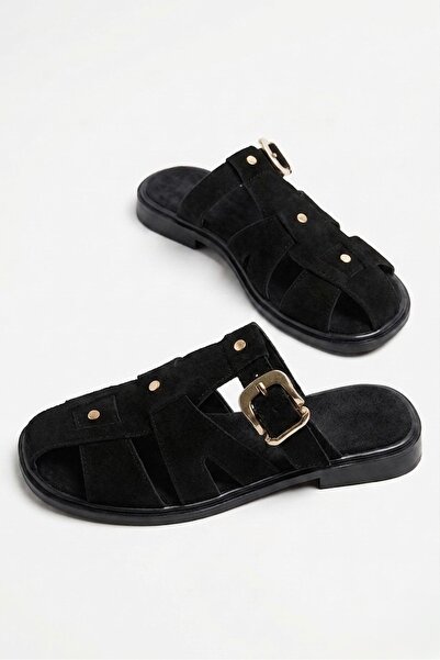 simplicity Papuci negri din piele intoarsa pentru femei - Papuci Gladiator cu catarama
