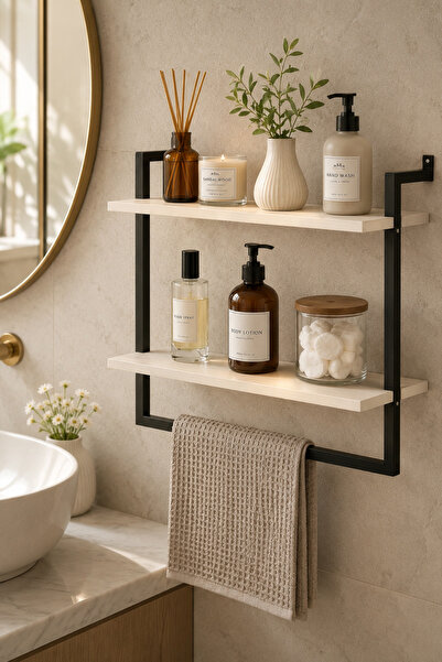 Euromob 2 Katlı Banyo Rafı Havlu Askılı 60x20 cm Duvara Monte Siyah Metal Ahş...