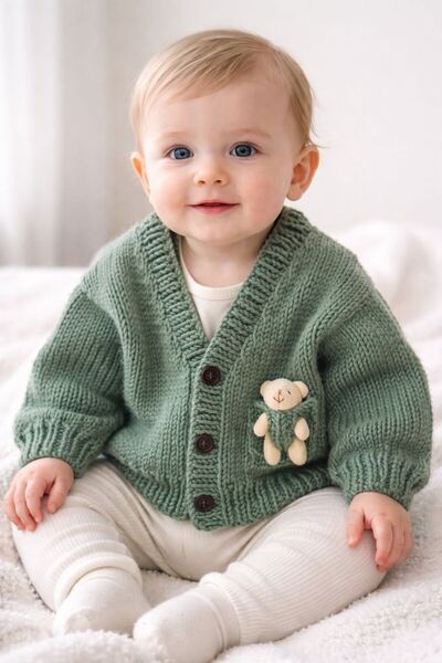 8 Ekim Tasarım Atölyesi Cute Crop Cardigan with a Teddy Bear for a 3-Year-Old