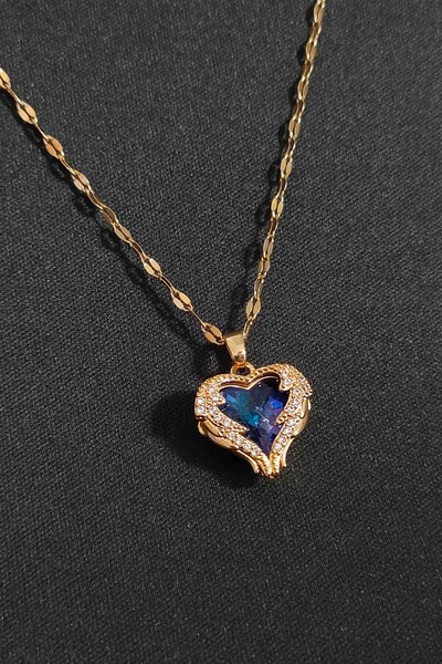 TREND COLLECTİON Kadın Paslanmaz Çelik Gold Zirkon Taşlı Mavi Kalp Kolye