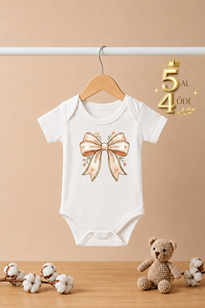 bebeqon Soft Powder Color Ribbon Printed Short Sleeve Baby Bodysuit with Snap...