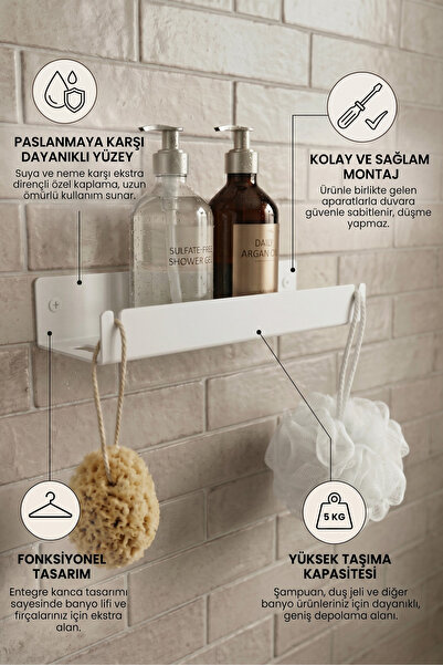 Grandmix Metal Duşakabin İçi Raf Organizer Şampuanlık ve Askılık Beyaz 35 cm