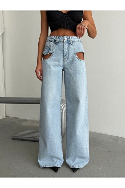 HerTon Wide Leg Denim Trousers with Side Windows